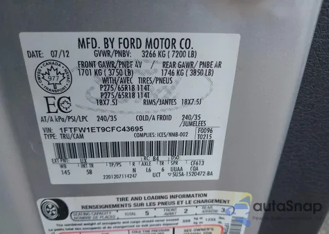 2012 Ford F-150 Fx4 из США, поврежденный, VIN 1FTFW1ET9CFC43695